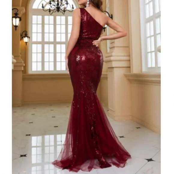 Luxurious sequins one shoulder mesh evening party formal gown dress - Picture 9 of 13
